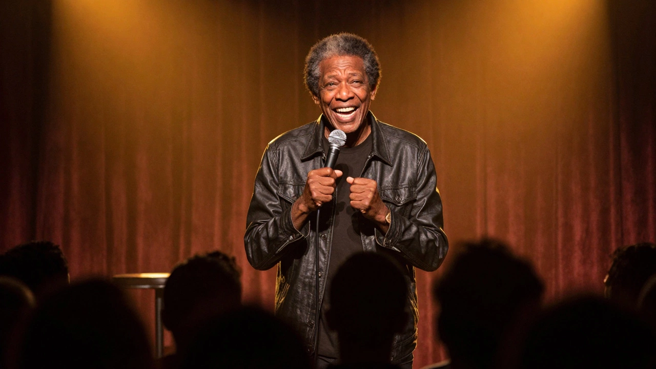 Richard Pryor performing stand-up comedy under a spotlight in an intimate club