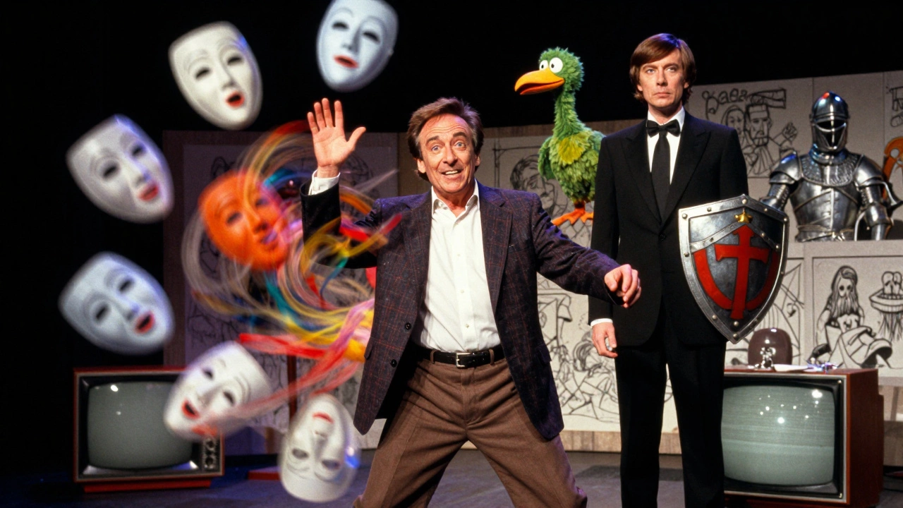 Robin Williams surrounded by character masks and Monty Python absurdity