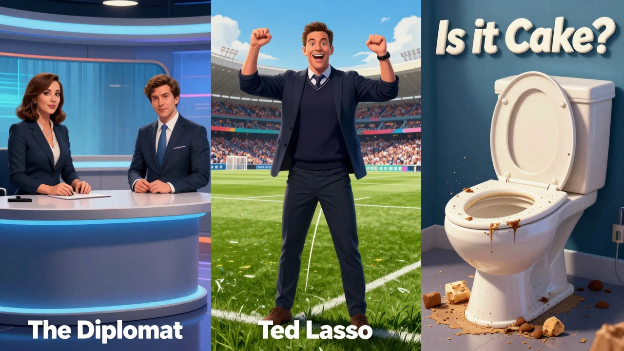 Split illustration showing diplomatic, sports, and cake comedy themes