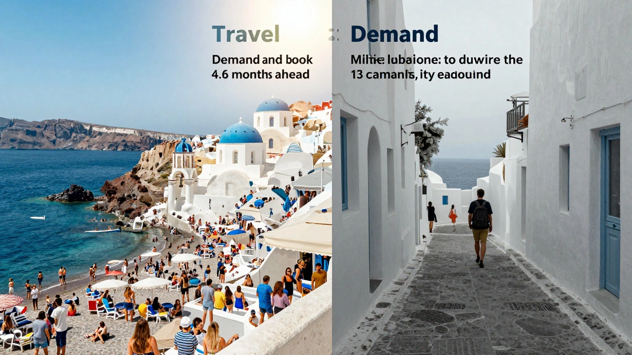 Split image comparing crowded peak season vs empty off-peak travel destinations