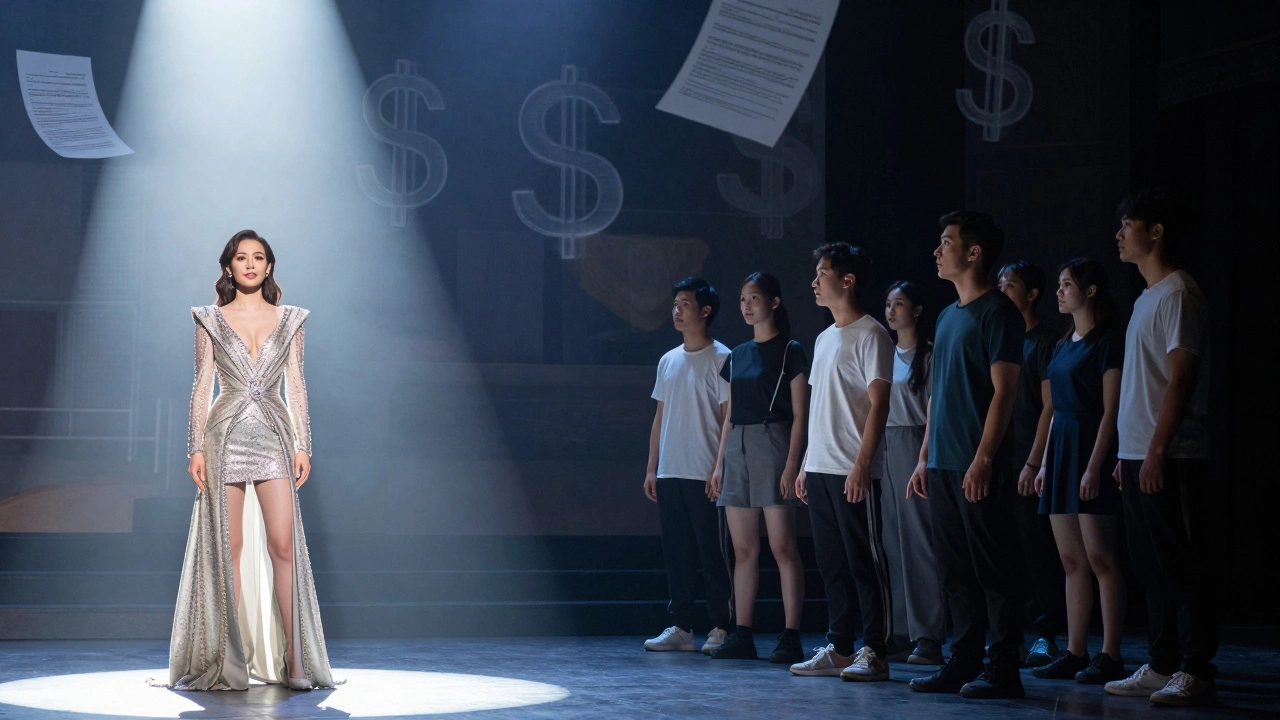 Split image showing a star under spotlight versus ensemble cast in shadows