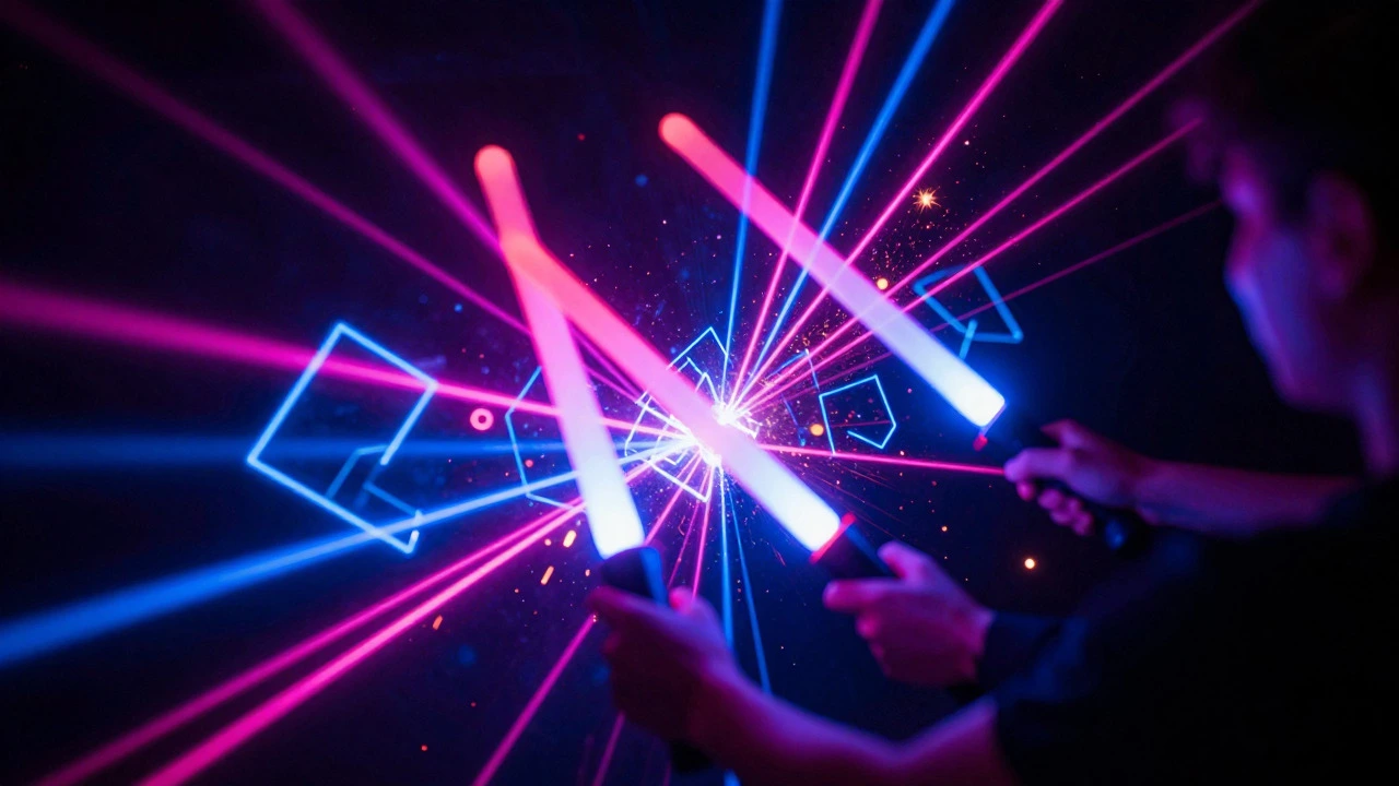 User slashing neon blocks with VR controllers in rhythm game