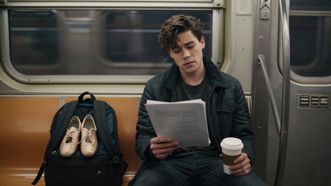 Young actor resting on a NYC subway train with a script and coffee