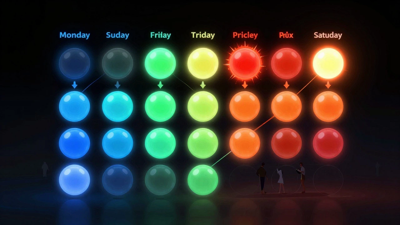 Abstract concept art showing weekly price fluctuations with colored orbs