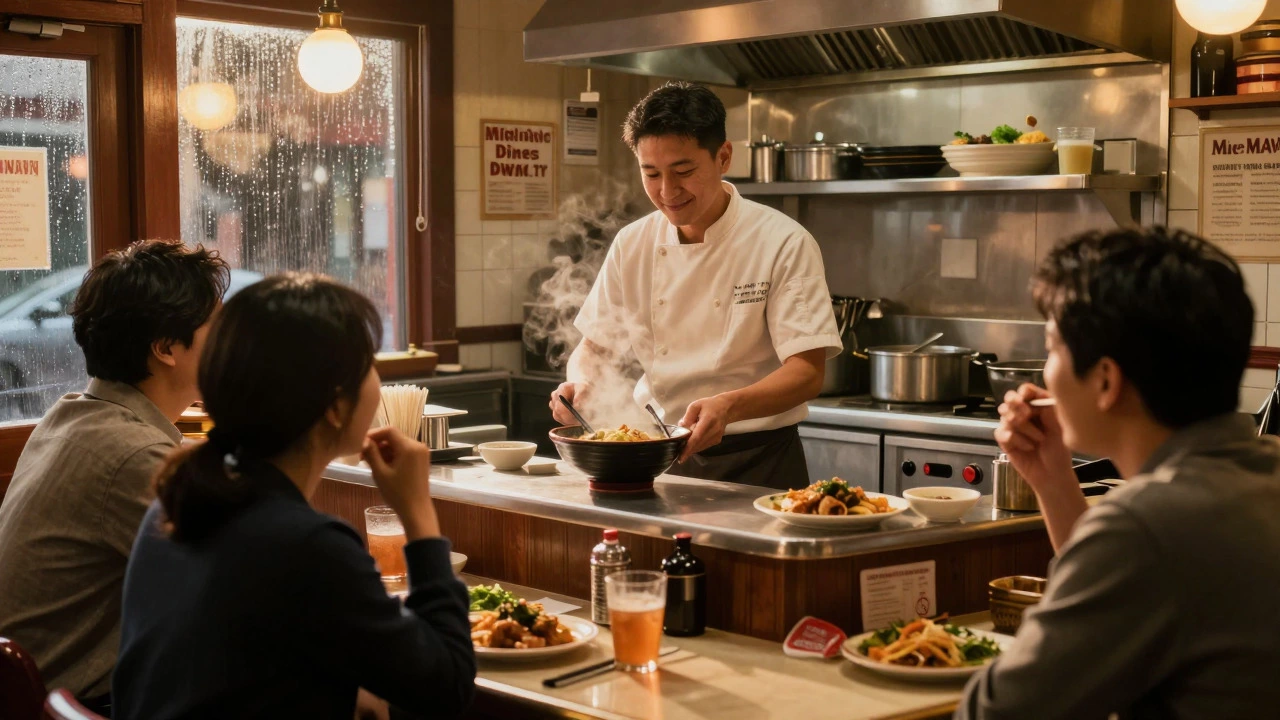 Chef serving warm ramen in a cozy, atmospheric late-night diner kitchen