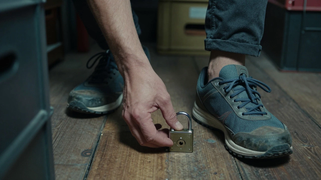 Close-up of sneakers and hands solving a lock puzzle in an escape room.
