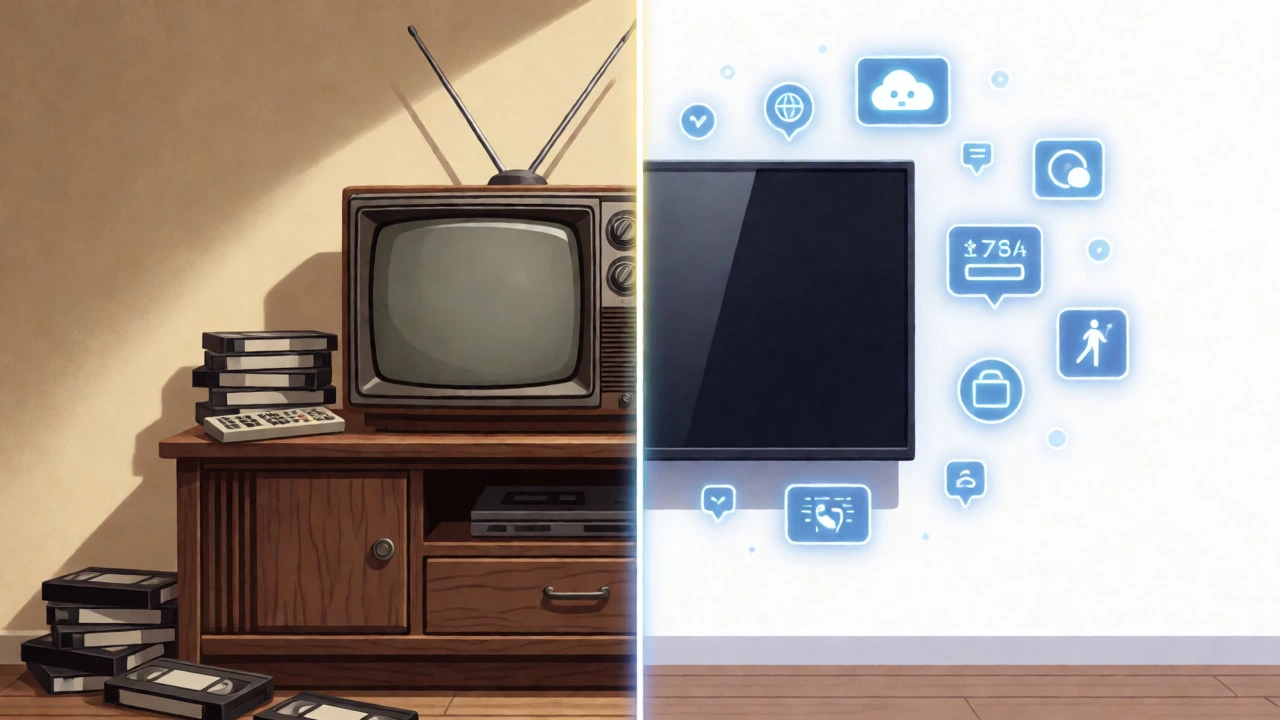 Conceptual split image comparing vintage CRT TVs with modern smart TVs and digital icons.