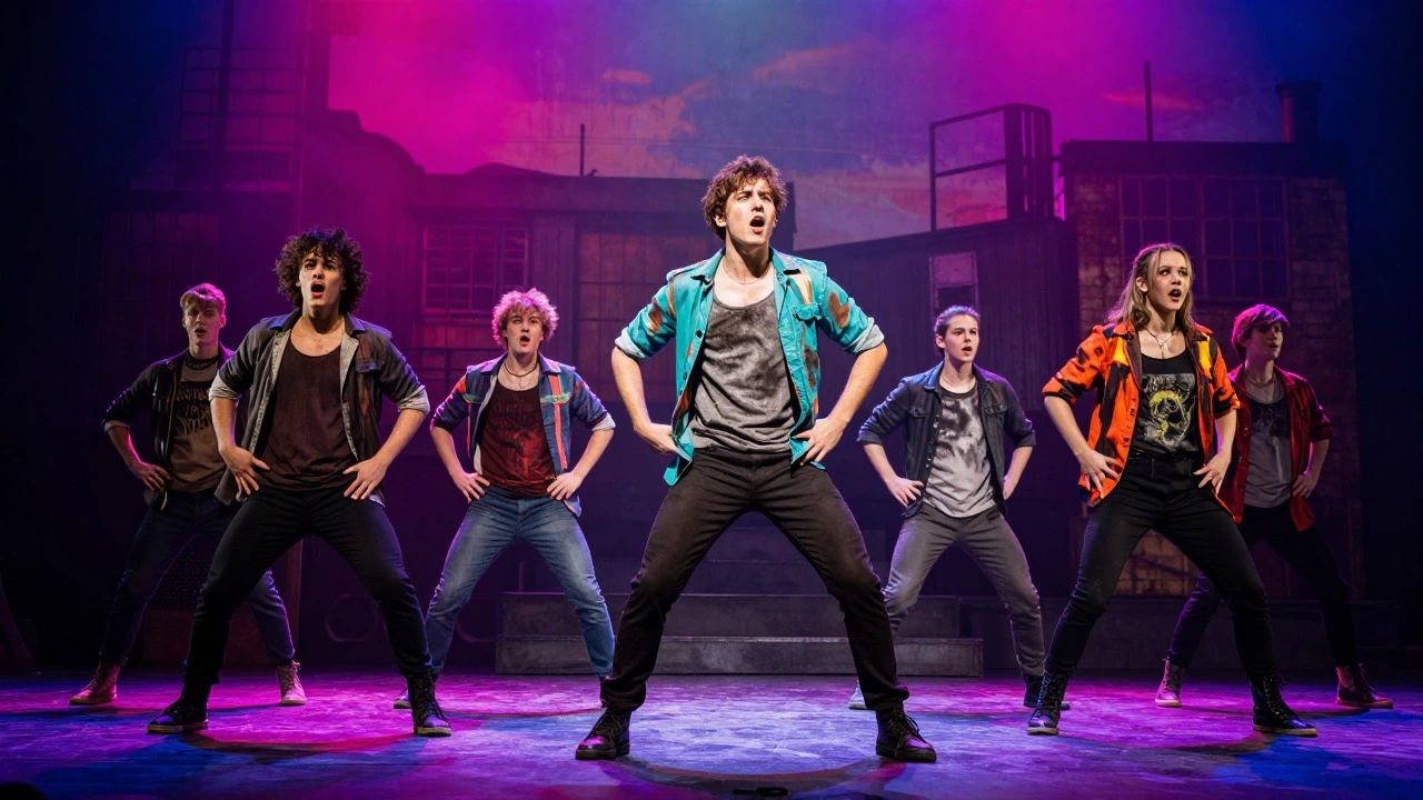Dynamic stage performance of The Outsiders with neon lighting and dancers