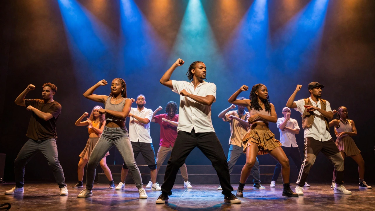 Dynamic stage performance with dancers under dramatic colored lighting