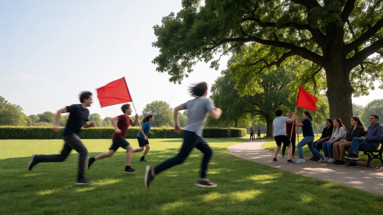Friends playing Capture the Flag in a park, running and strategizing on the grass.