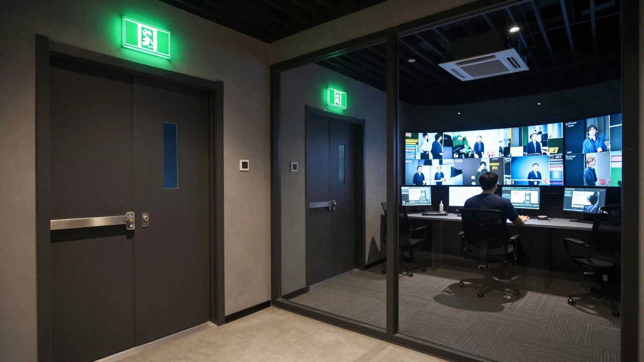 Game master monitoring players through a two-way mirror and cameras