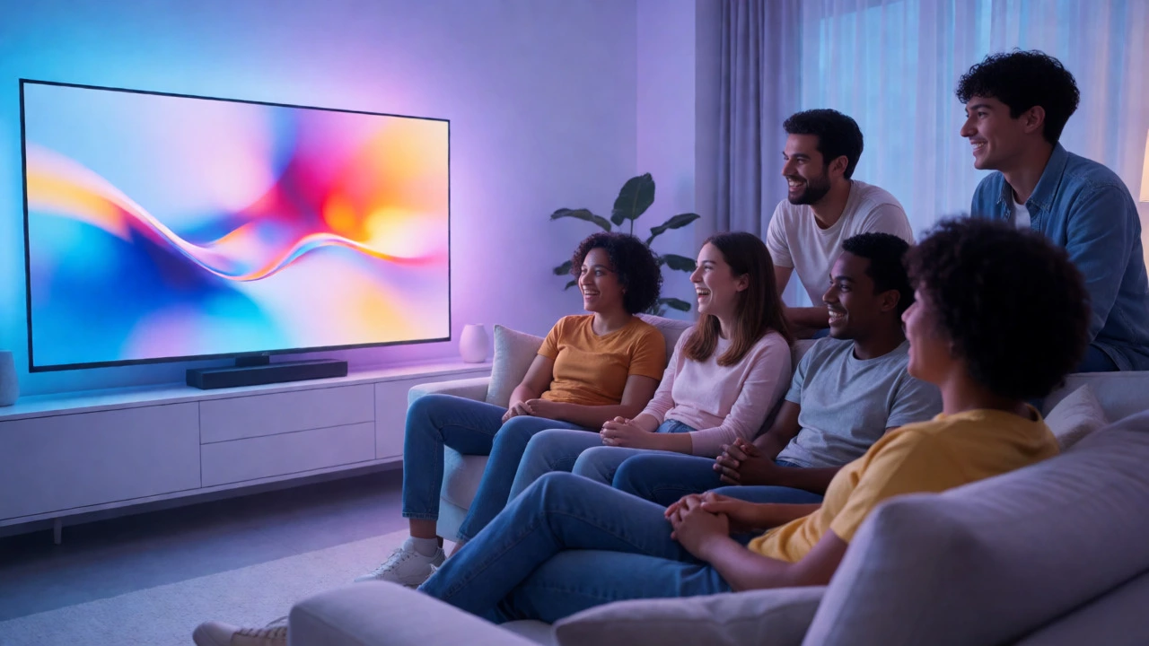 Group of friends laughing while watching TV on a large screen in a modern living room.
