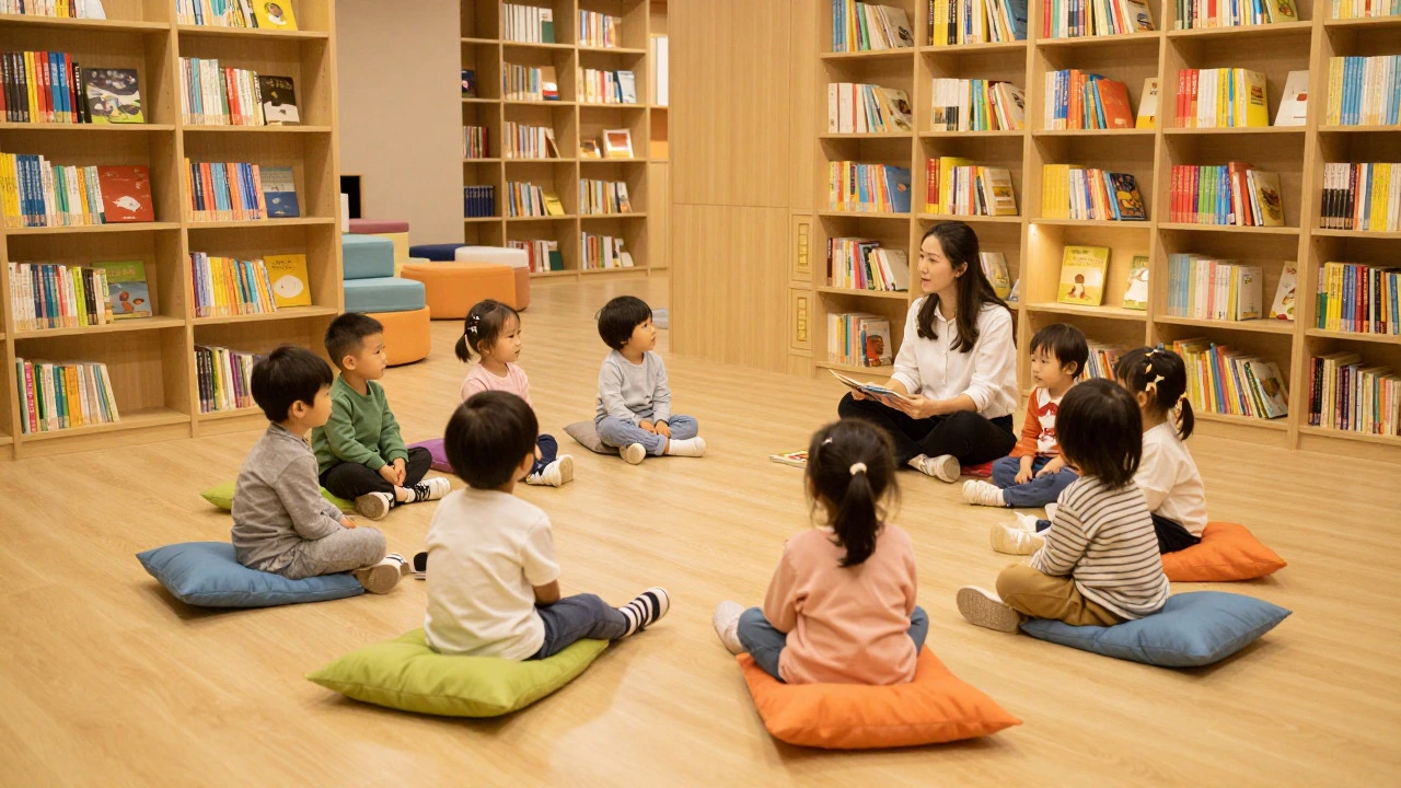 Group of toddlers sitting on cushions during a story time session in a library