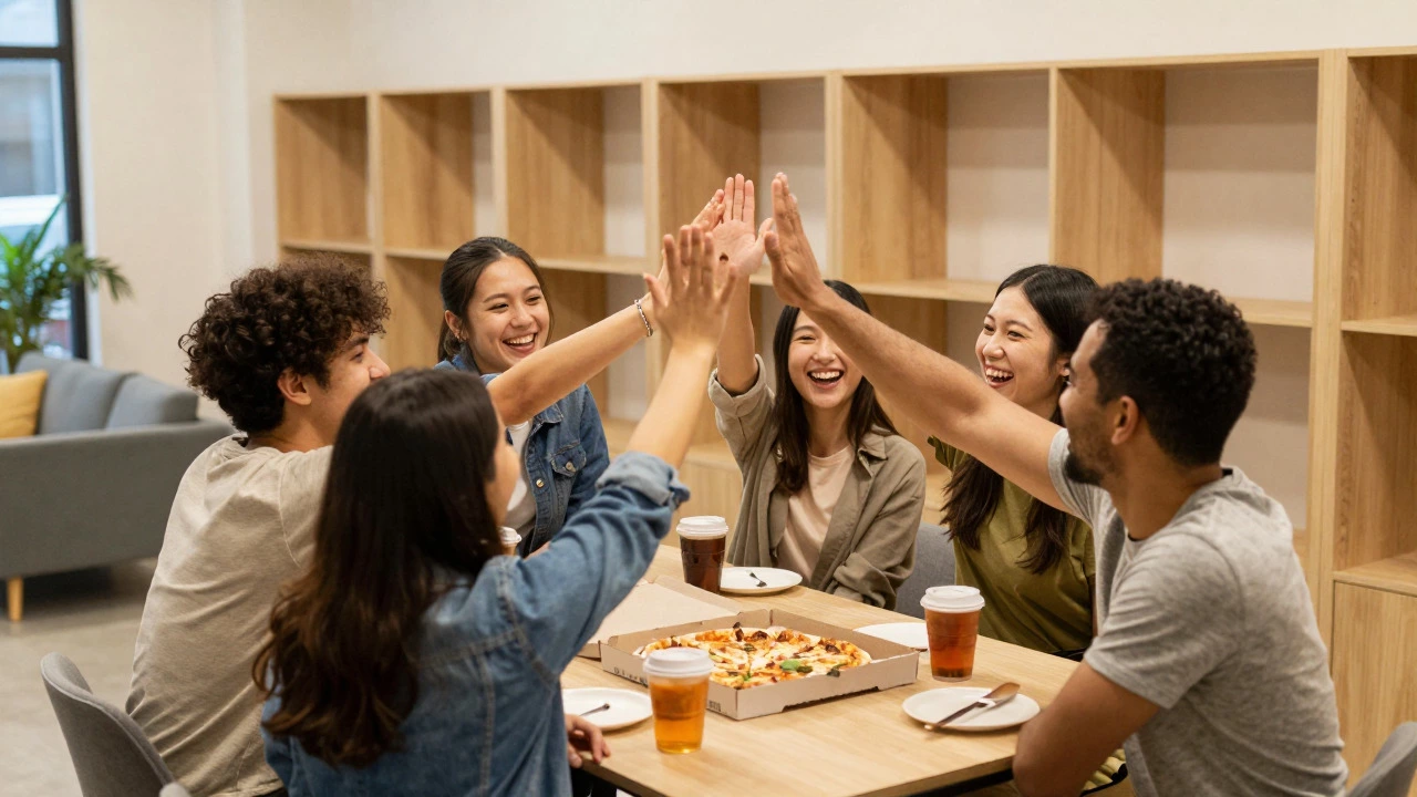 Happy team celebrating with pizza after finishing an escape room game