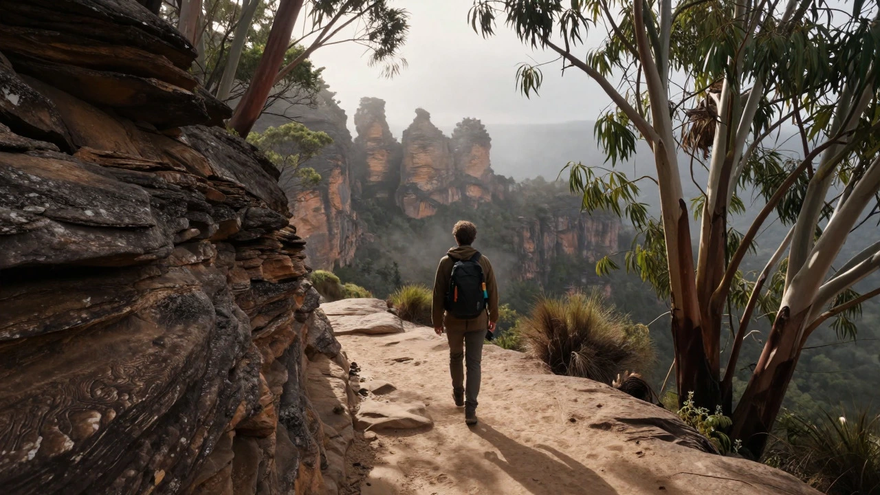 Hiker overlooking misty Blue Mountains gorge