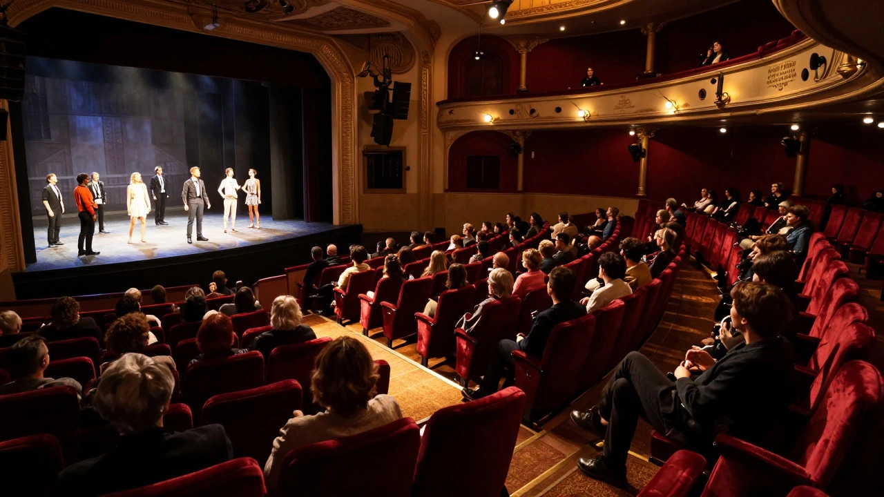 Interior view of a half-empty Broadway theater during a daytime show