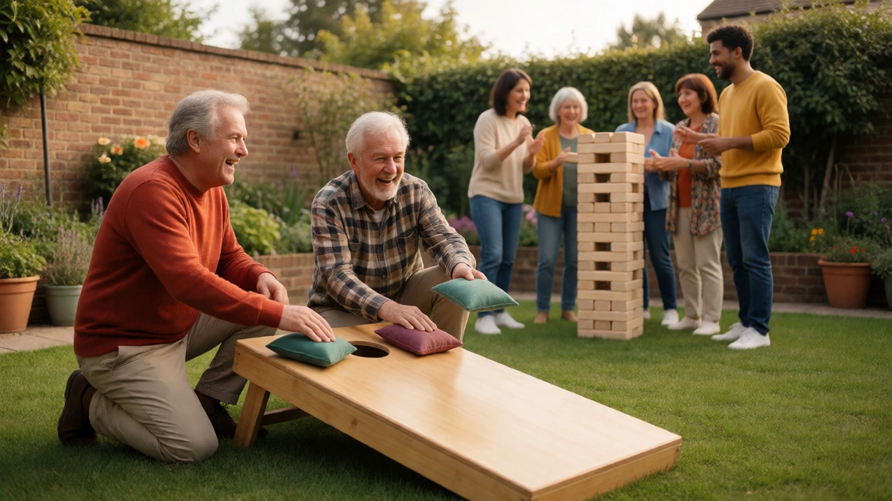 People enjoying Cornhole and Giant Jenga together in a relaxing backyard setting.