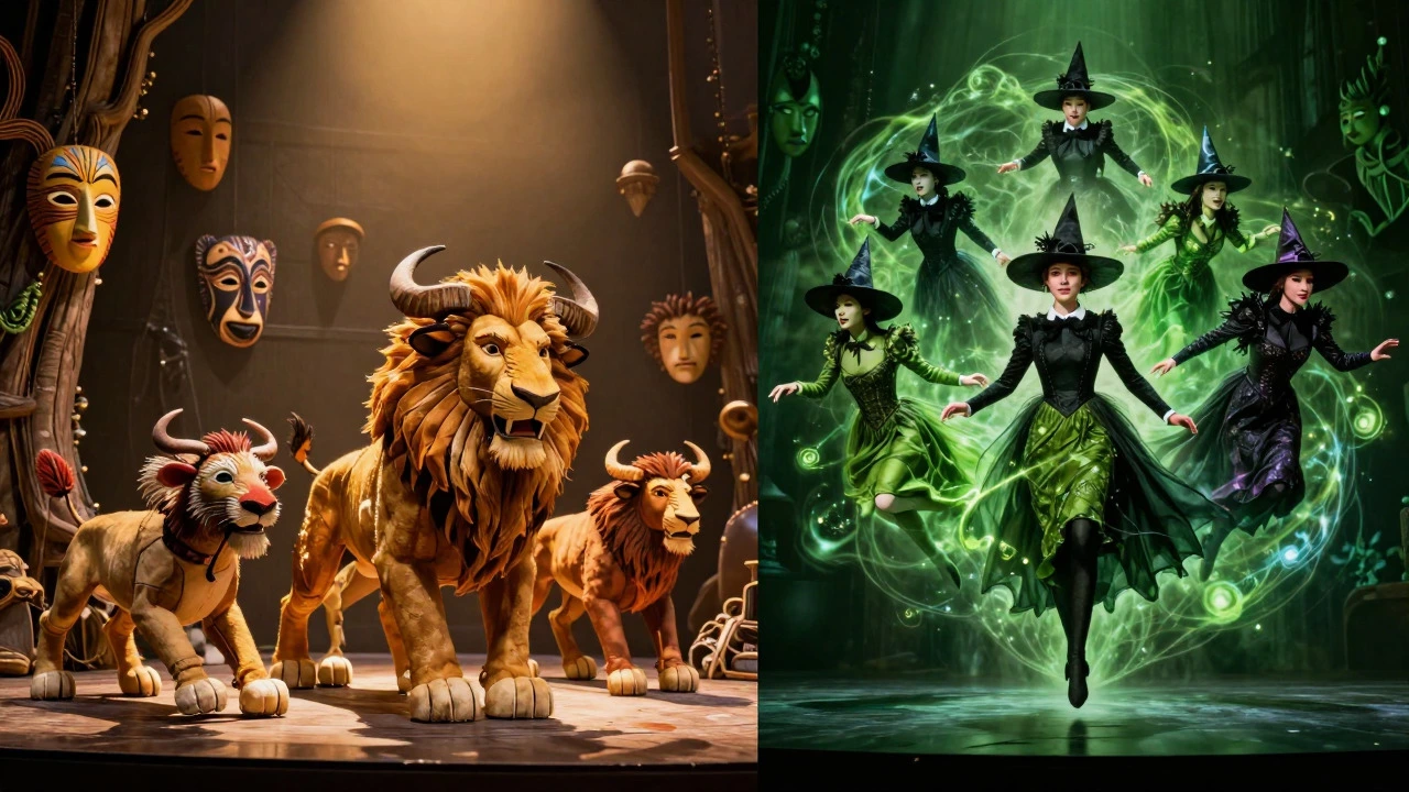 Split view of Lion King puppetry and Wicked flying witches on stage