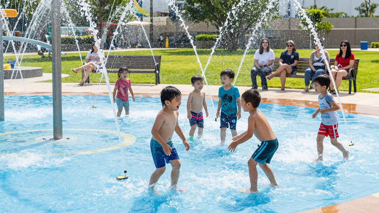 Toddlers playing in water jets at a splash pad in North Richmond Oval on a sunny day