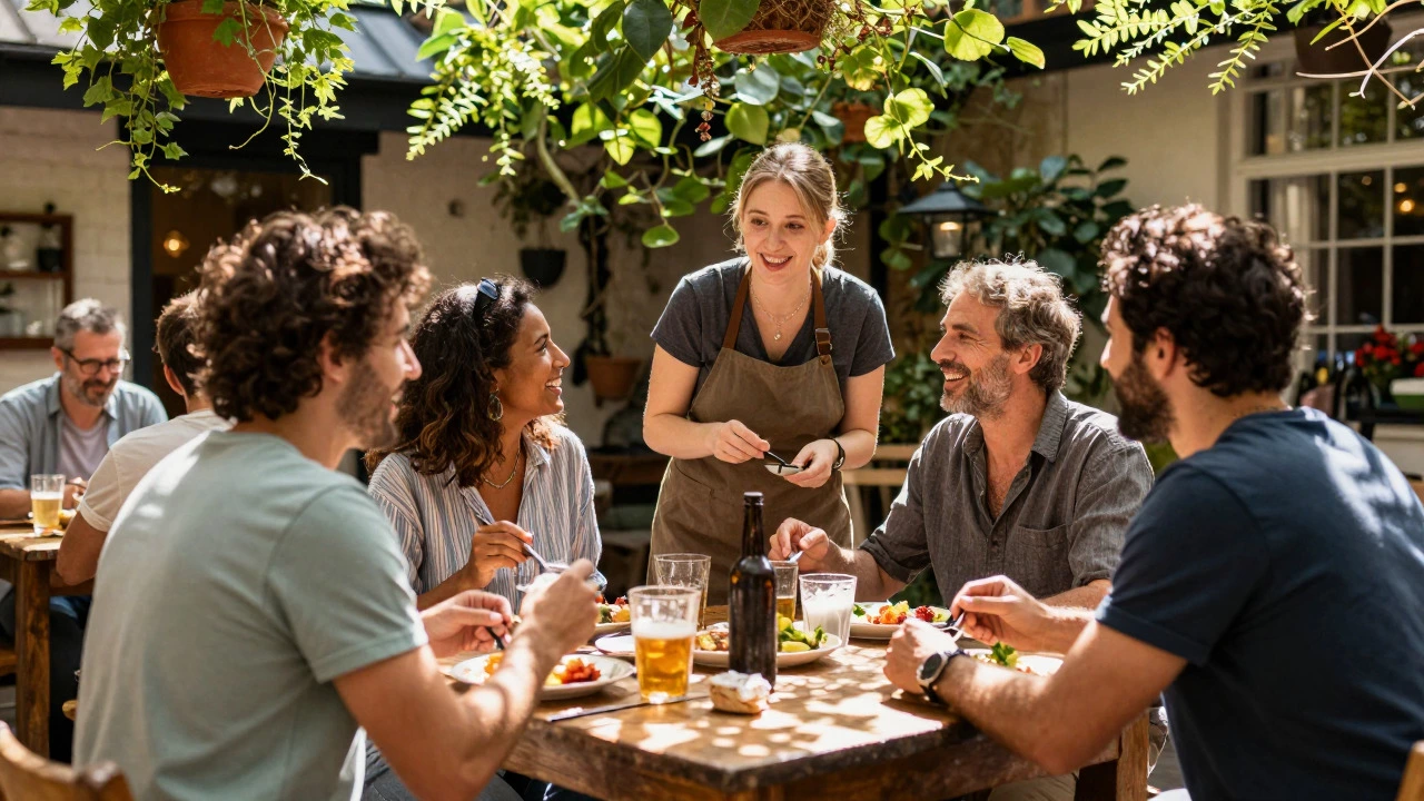 Travelers sharing a meal and connecting locally