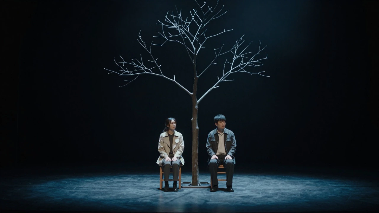 Two actors sitting under a bare tree on a dark, foggy stage in a cold open scene