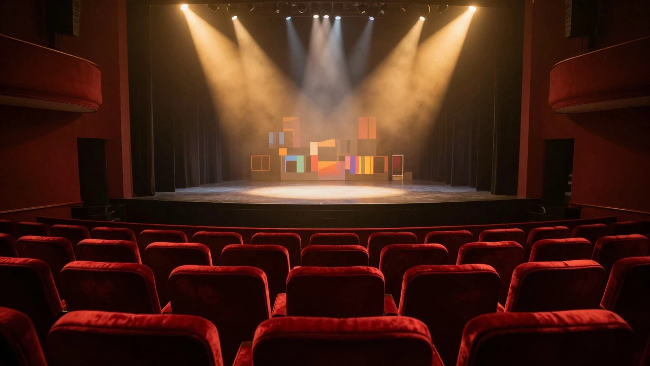 View from inside a darkened theater towards a lit stage with red seats