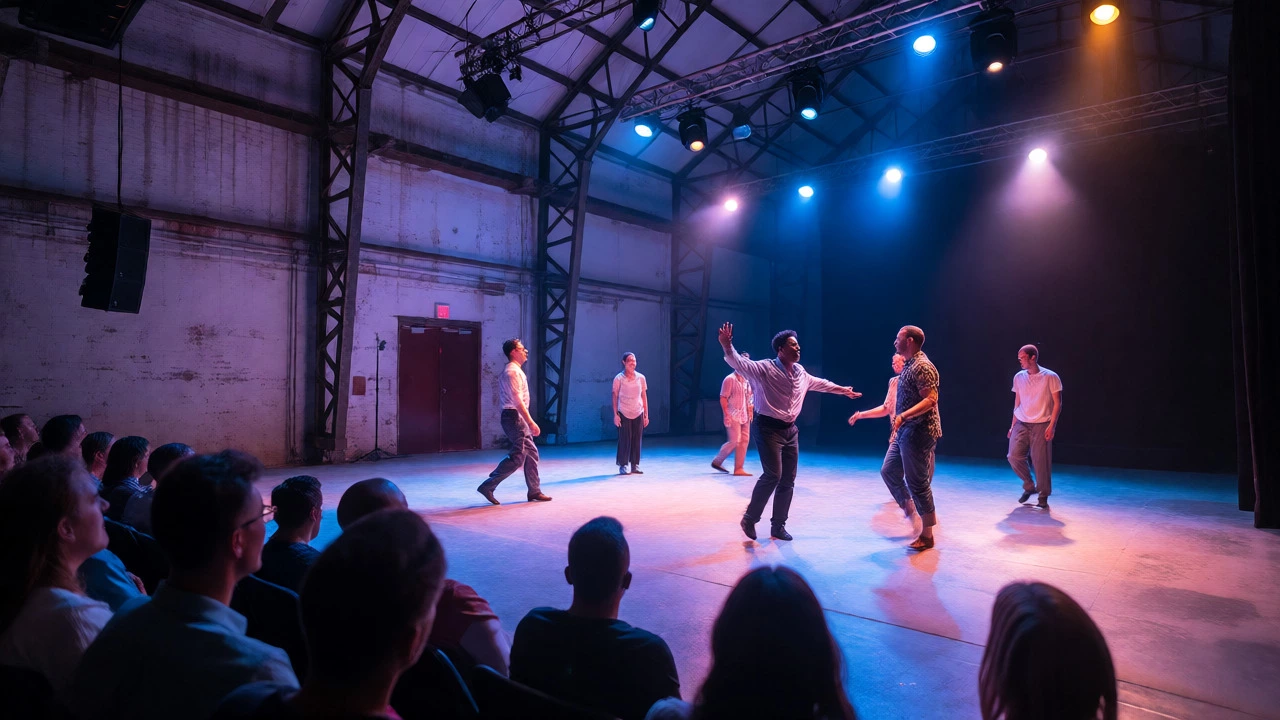 Actors performing on an industrial stage at Barksdale Theatre's Willow Lawn