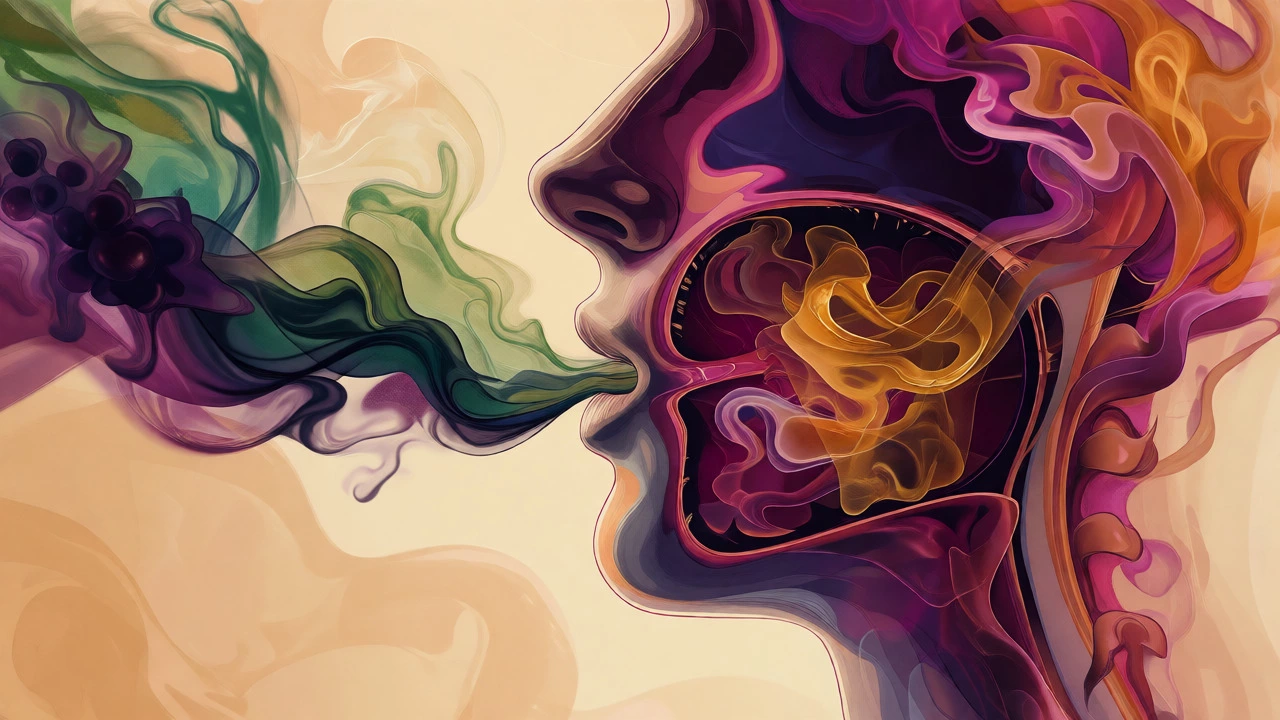Conceptual diagram of aroma compounds rising from mouth to nose during wine tasting.