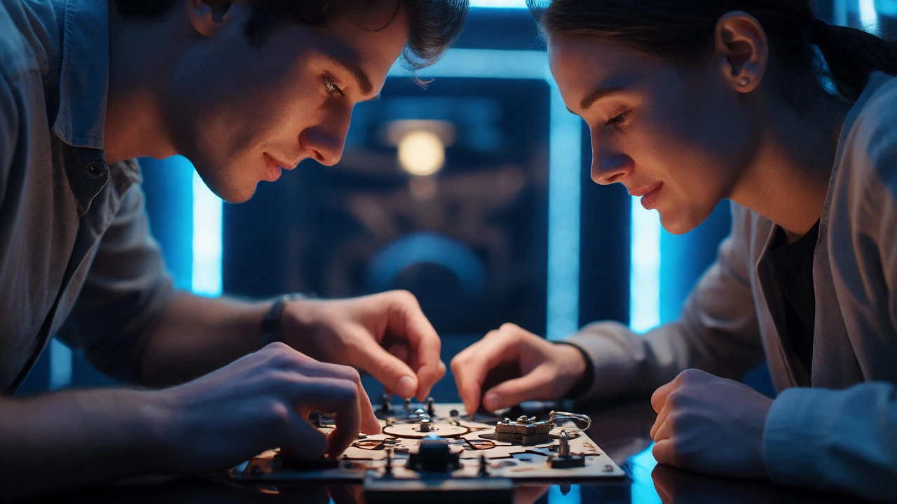 Couple focusing on a puzzle in a modern escape room