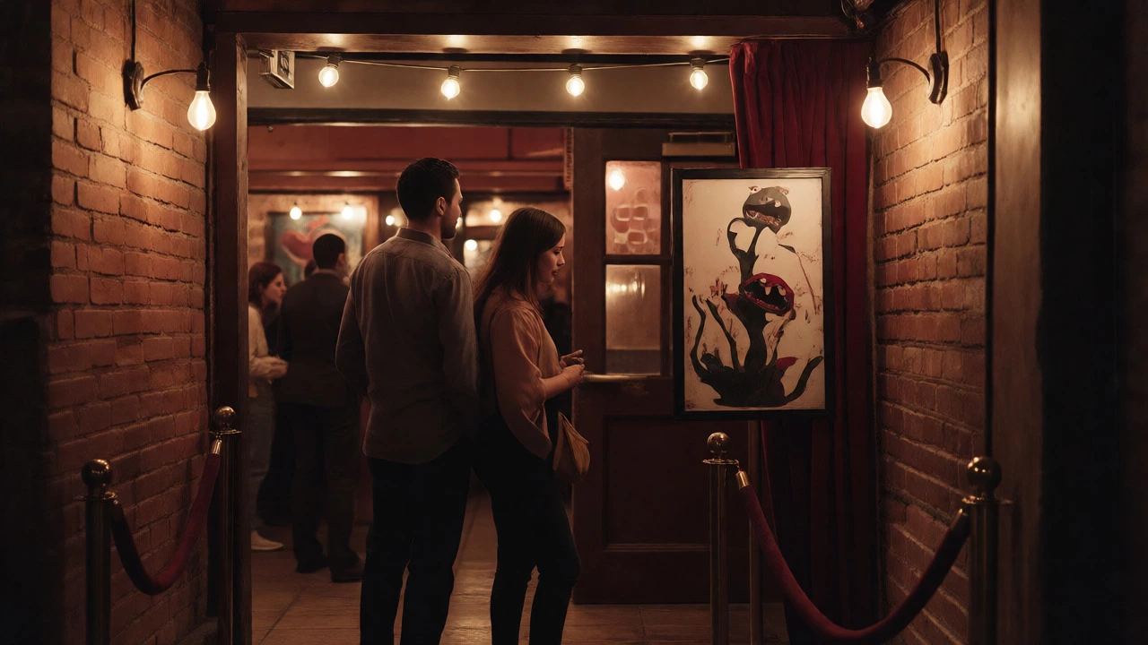 Couple waiting outside an intimate Off-Broadway theater with warm lighting