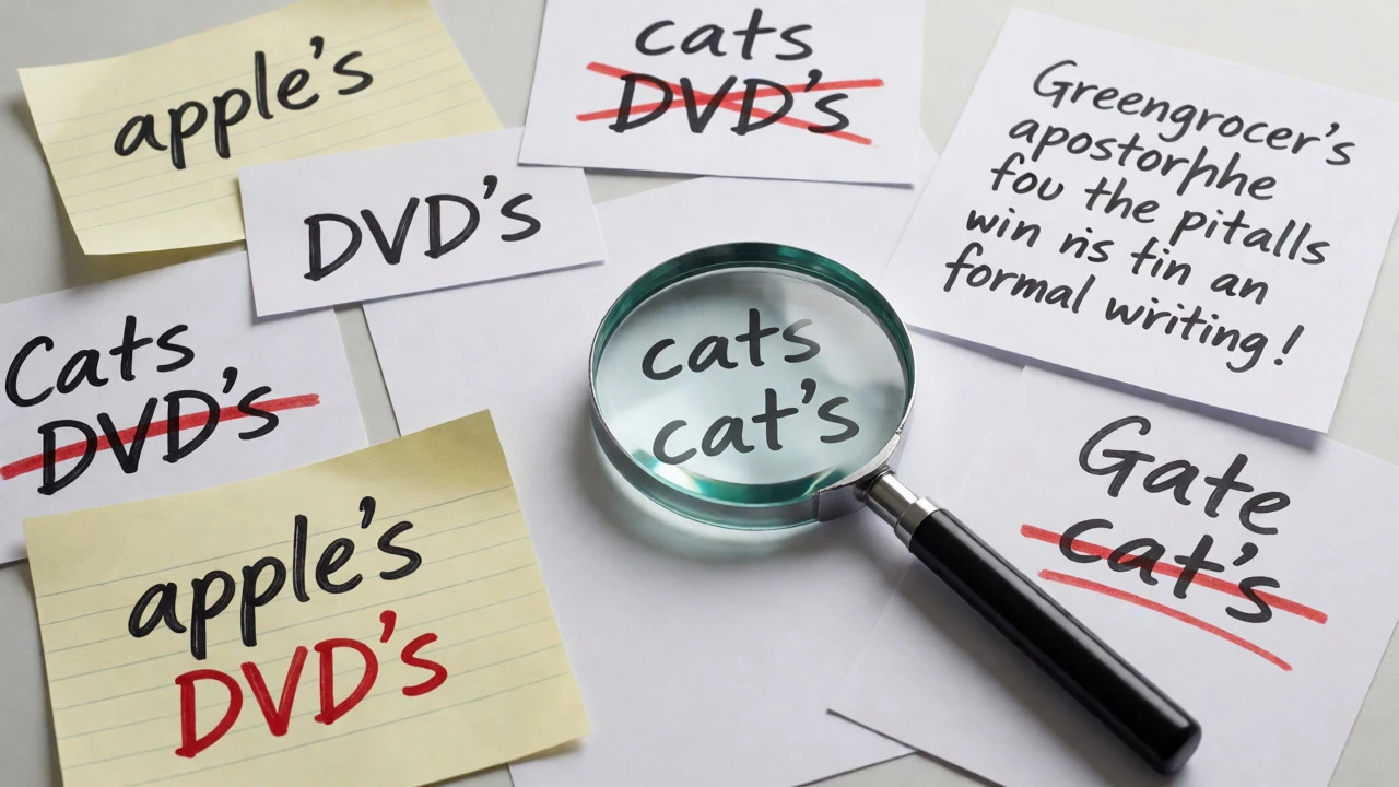 Desk with scattered notes highlighting common apostrophe errors and corrections.