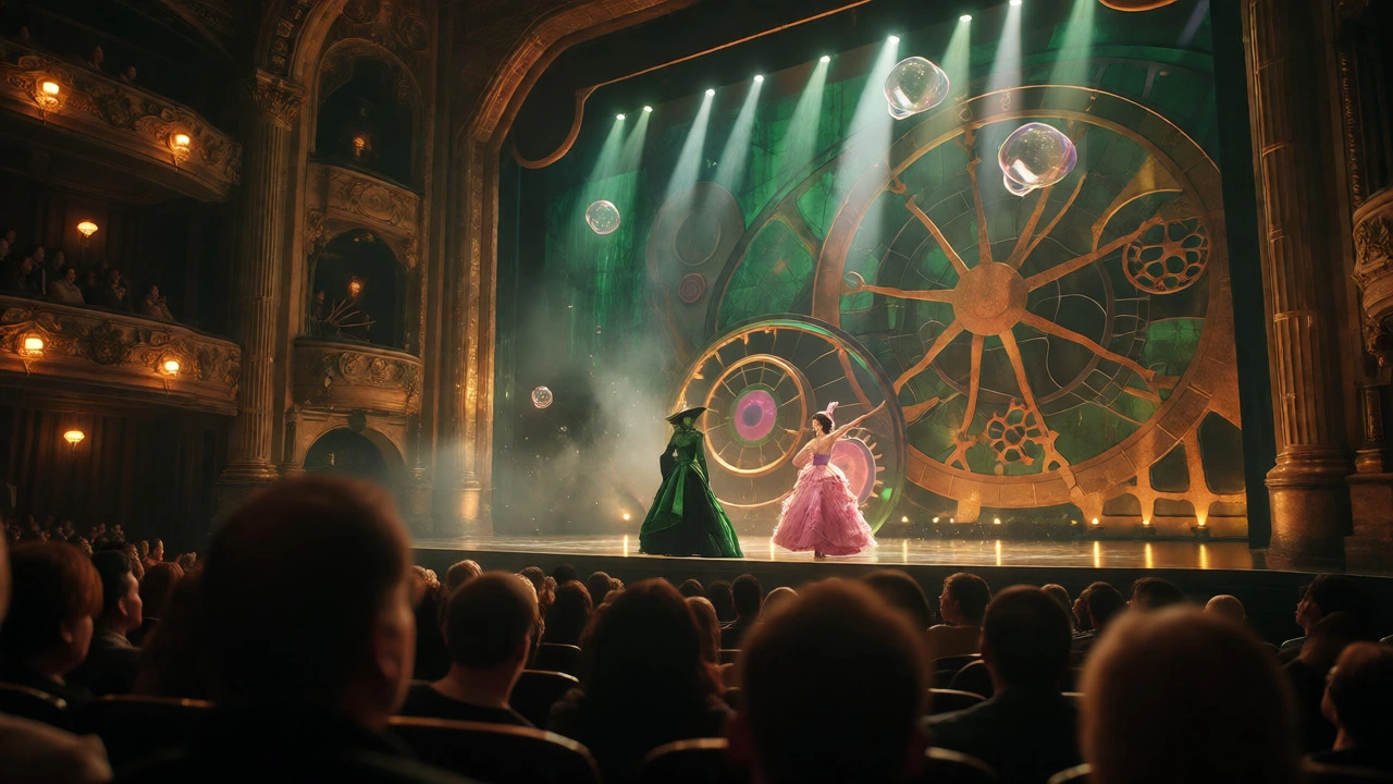 Elphaba and Glinda performing on the elaborate clockwork stage of Wicked