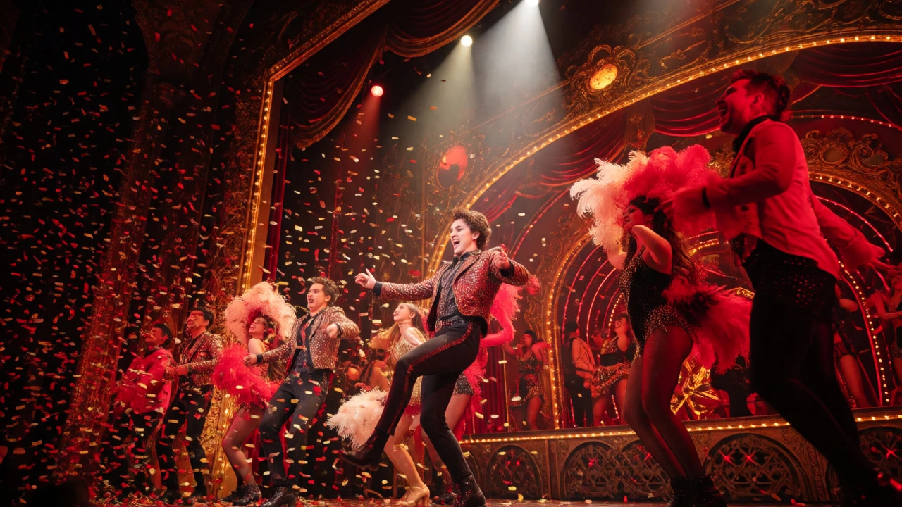 Energetic stage performance with confetti and vibrant cabaret decor