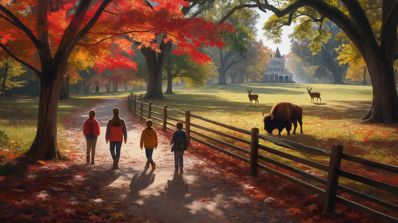 Family walking through Maymont Park autumn foliage with bison and deer grazing nearby.