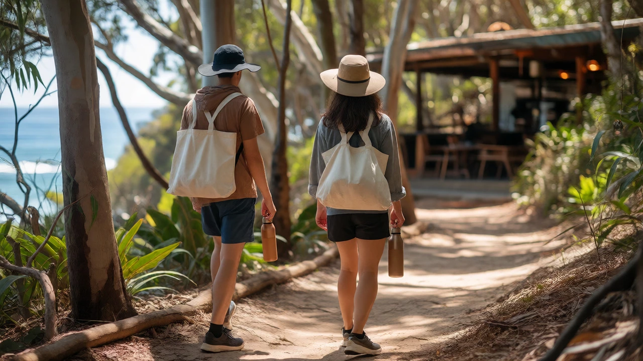 Friends walking on coastal track towards a cafe in Royal National Park