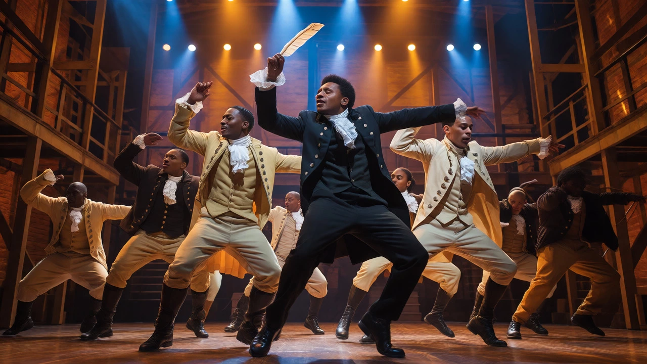 Hamilton cast performing dynamic hip-hop choreography on the wooden scaffold set