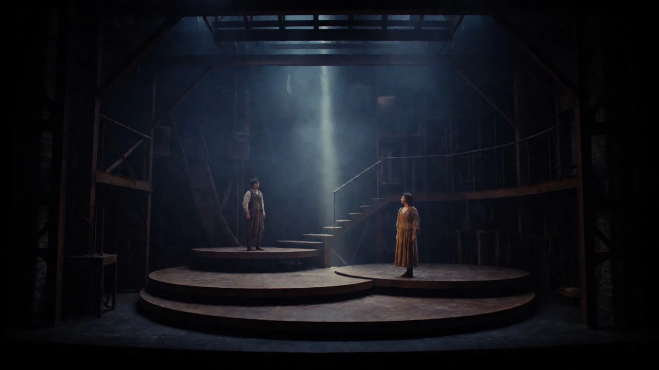 Moody industrial stage set with two figures under spotlight