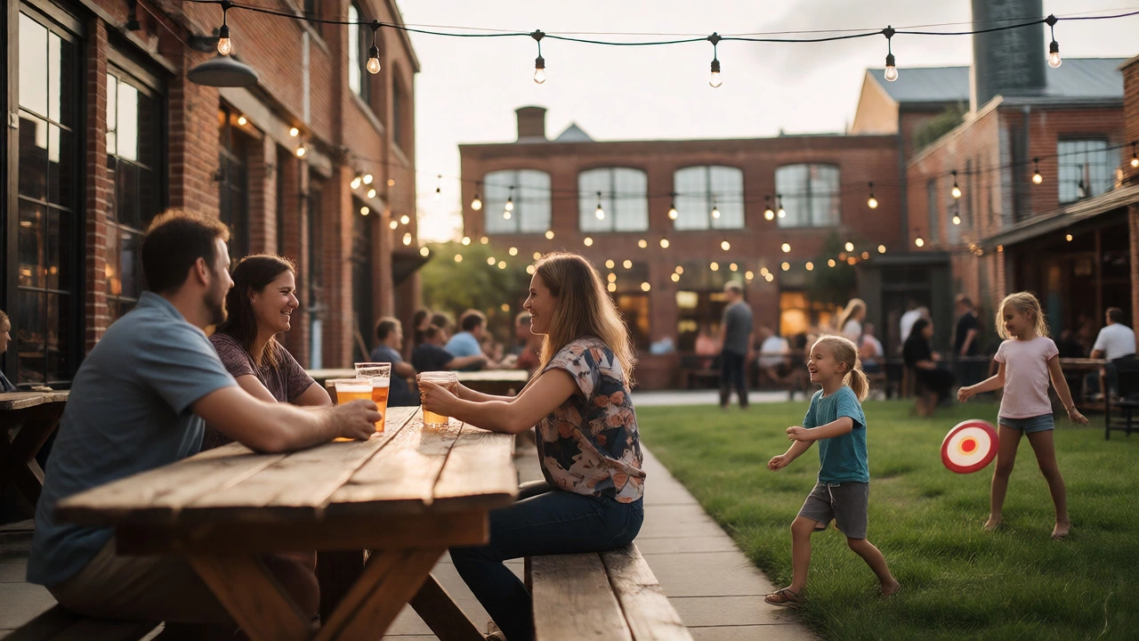 Parents relaxing at a brewery patio while children play on the grass in Richmond.