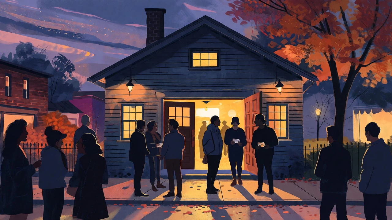 People gathering outside a small firehouse theatre on an autumn evening