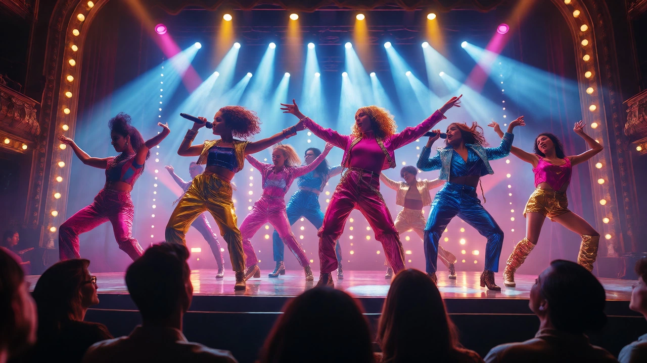Pop-style musical performance with six dancers on a brightly lit stage