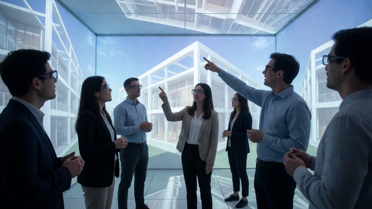 Professionals using CAVE system for architecture review