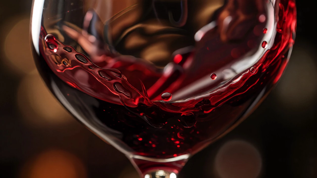 Red wine swirling in a glass, showing thick legs running down the side.