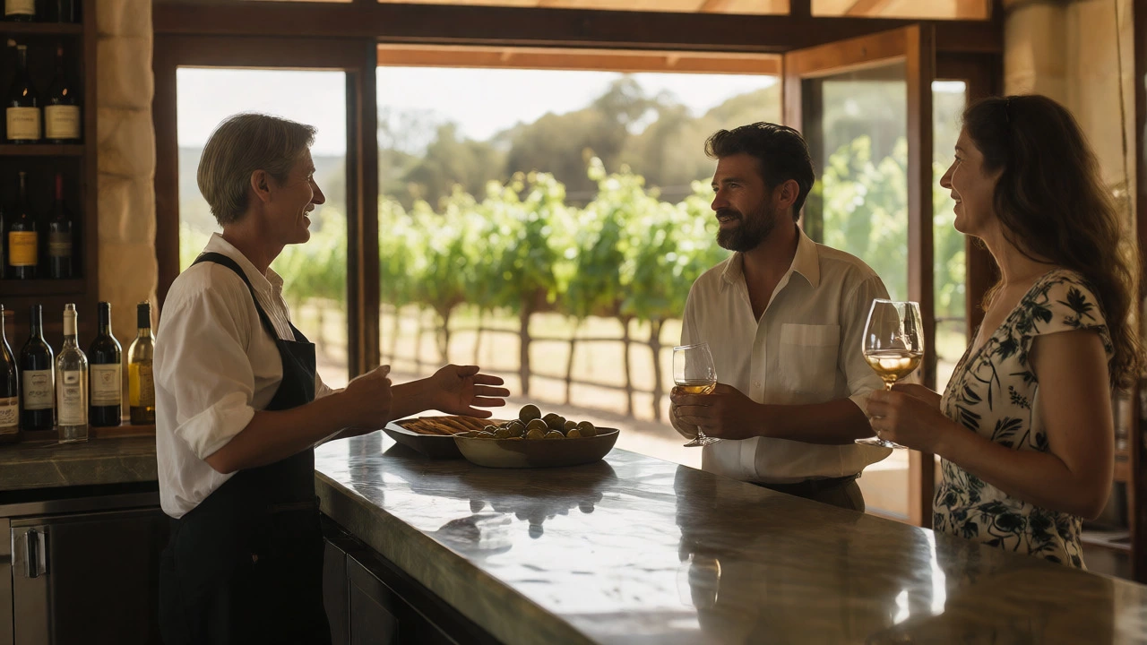 Relaxed winery host chatting with guests in sunny cellar door