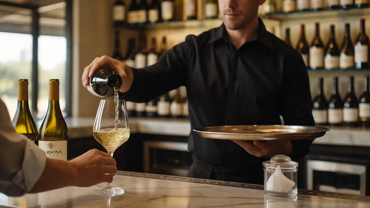 Sommelier pouring wine at Napa Valley tasting bar with tip jar