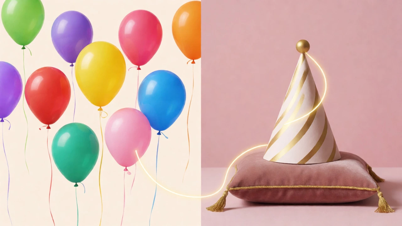 Split image showing free-floating balloons for plurals and a possessed hat for singular possessives.