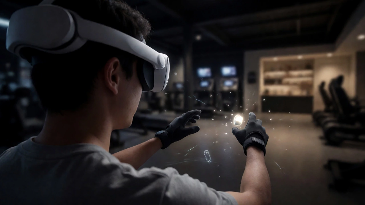 User wearing VR headset interacting with virtual objects