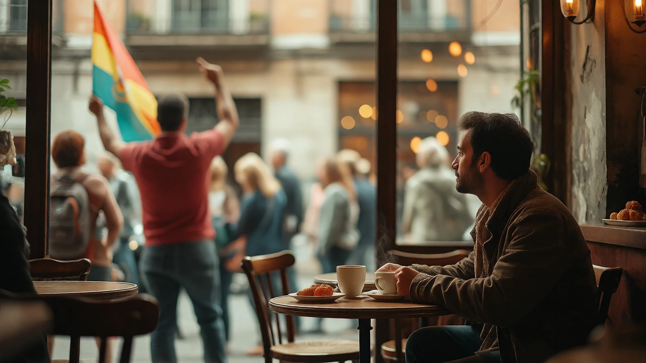 A relaxed traveler enjoying coffee in a cafe while a tour group passes by outside.