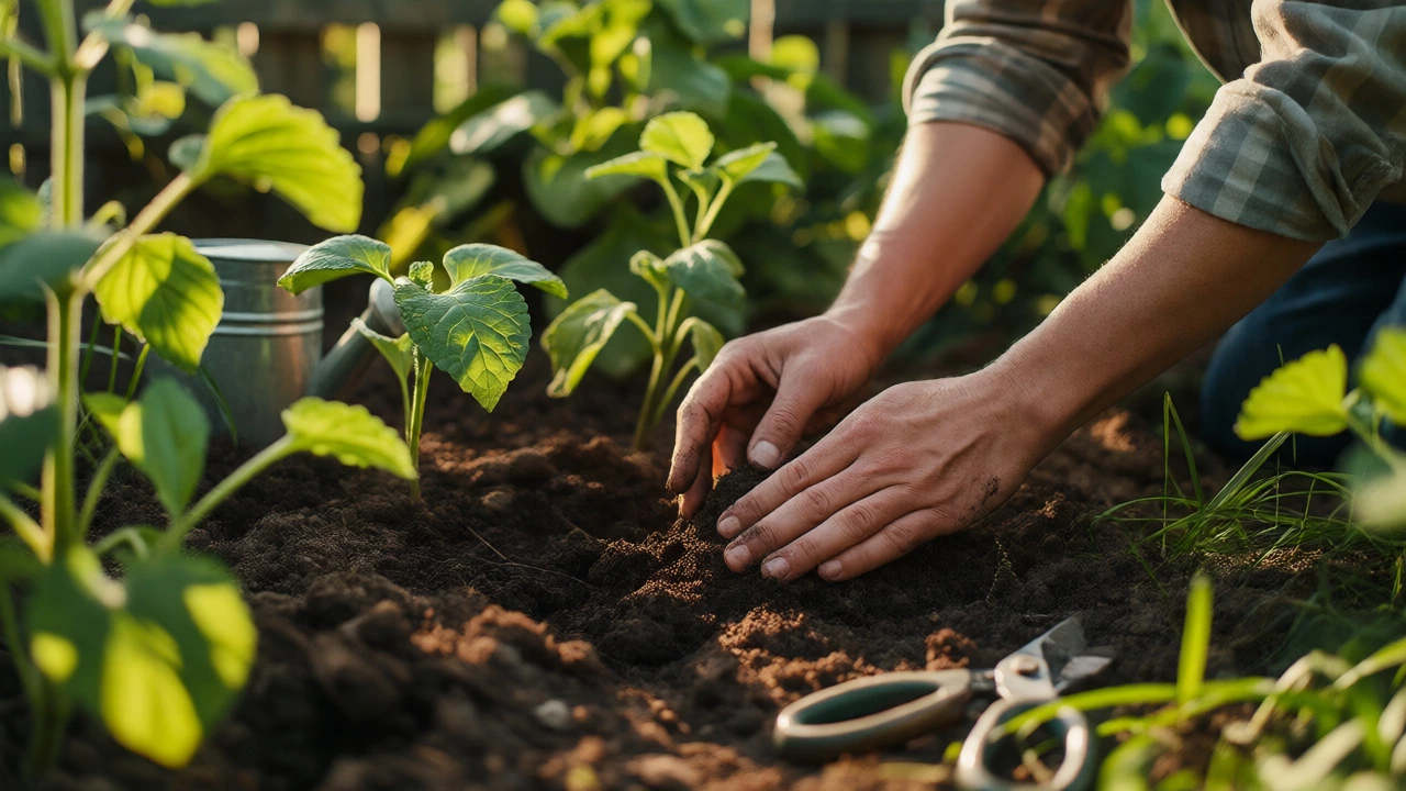 Close-up of hands gardening in soil with sunlight filtering through leaves.