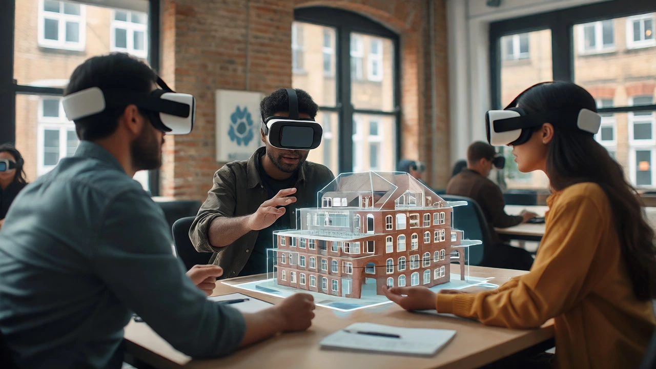 Colleagues collaborating on a 3D model using VR headsets