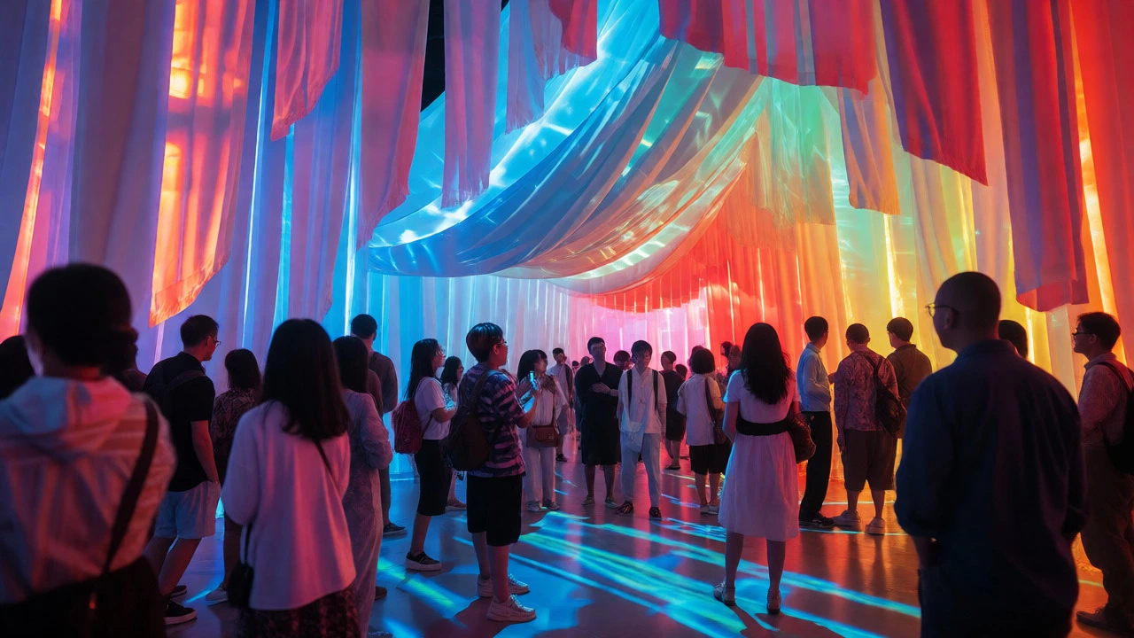 Crowd exploring an immersive light and fabric installation